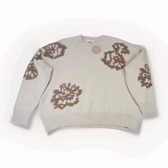 NWT Intarsia Floral Knitted Oversized Sweater Large Cream Brown Flowers - Picture 2 of 8